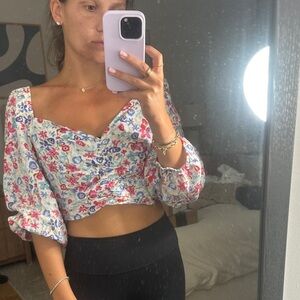 Zara Floral Puff Sleeve Crop Top with Open Back